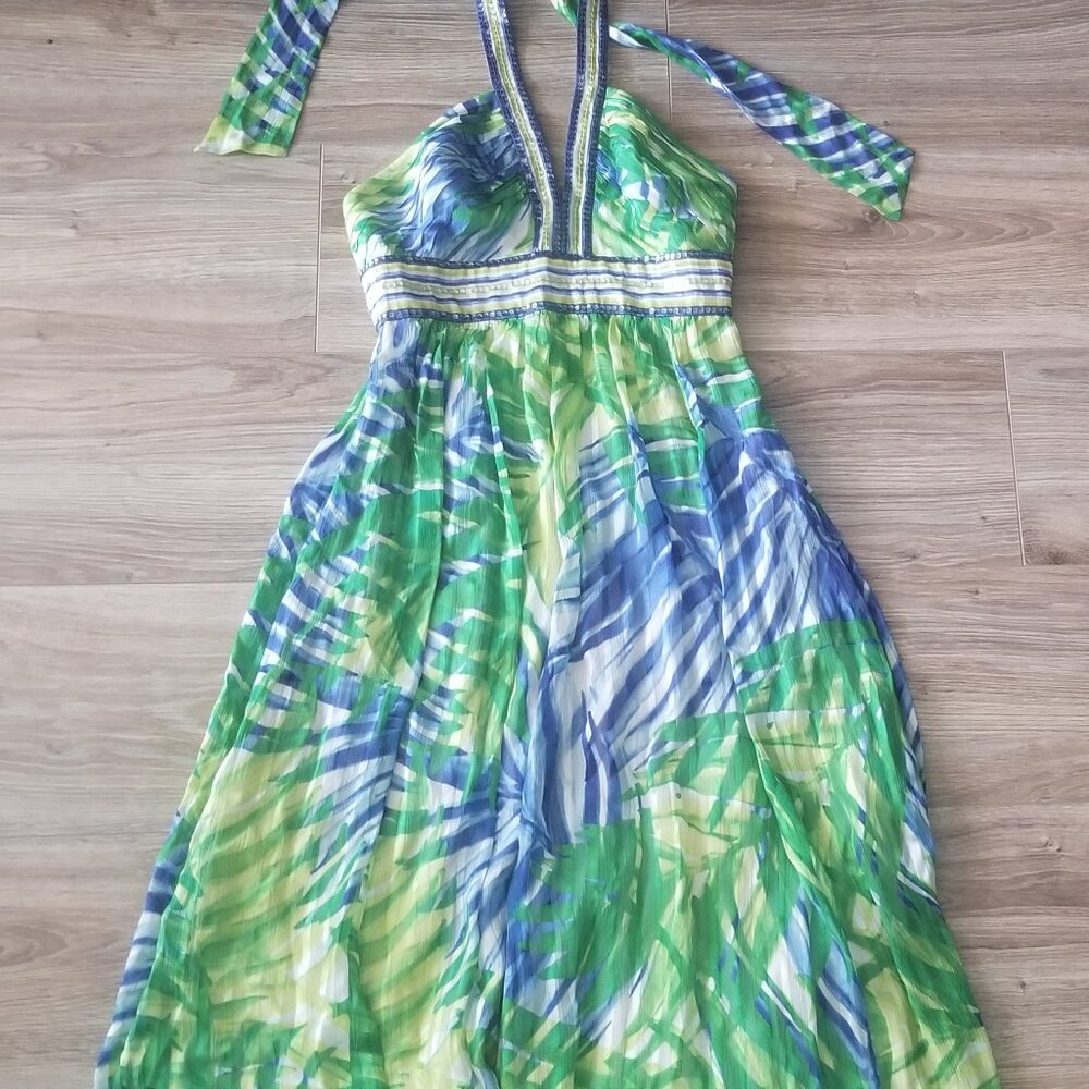 BCBGMAXAZRIA RUNWAY GREEN 100% SILK HALTER DRESS WOMEN'S SIZE 2